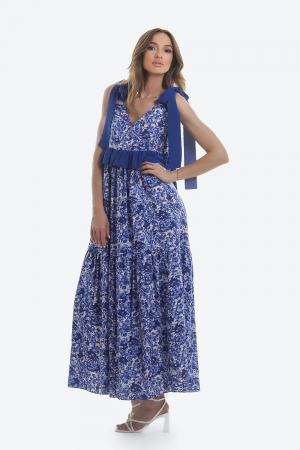 Rochii de zi - Rochie lunga din viscoza cu imprimeu floral albastru Porto