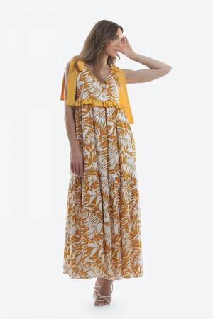 Rochie lunga din viscoza cu imprimeu vegetal galben Capri [2]