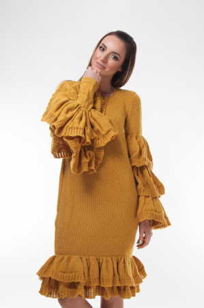 Rochii - Rochie galbena tricotata cu maneci ample