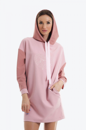 Rochii - Rochie roz cu gluga si maneci lungi