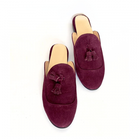 Saboti - Saboti din piele intoarsa accesorizati cu ciucuri Tea Burgundy