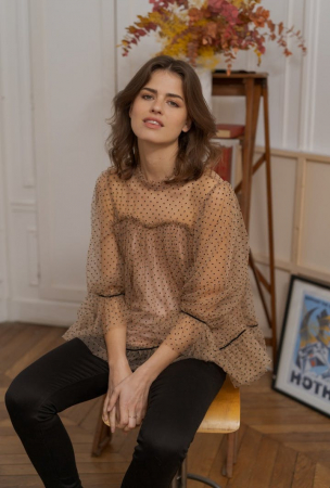 Bluza baby-doll cu maneci lungi din tulle cu buline [4]