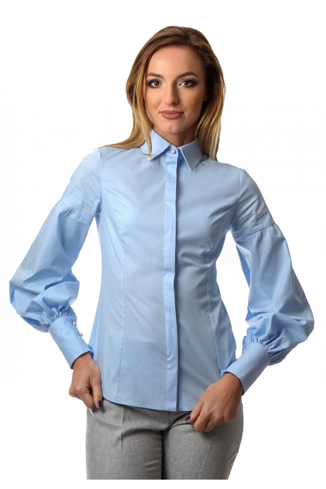 Camasa dama office bleu cu maneci bufante si fenta dubla, 44 44, bleu