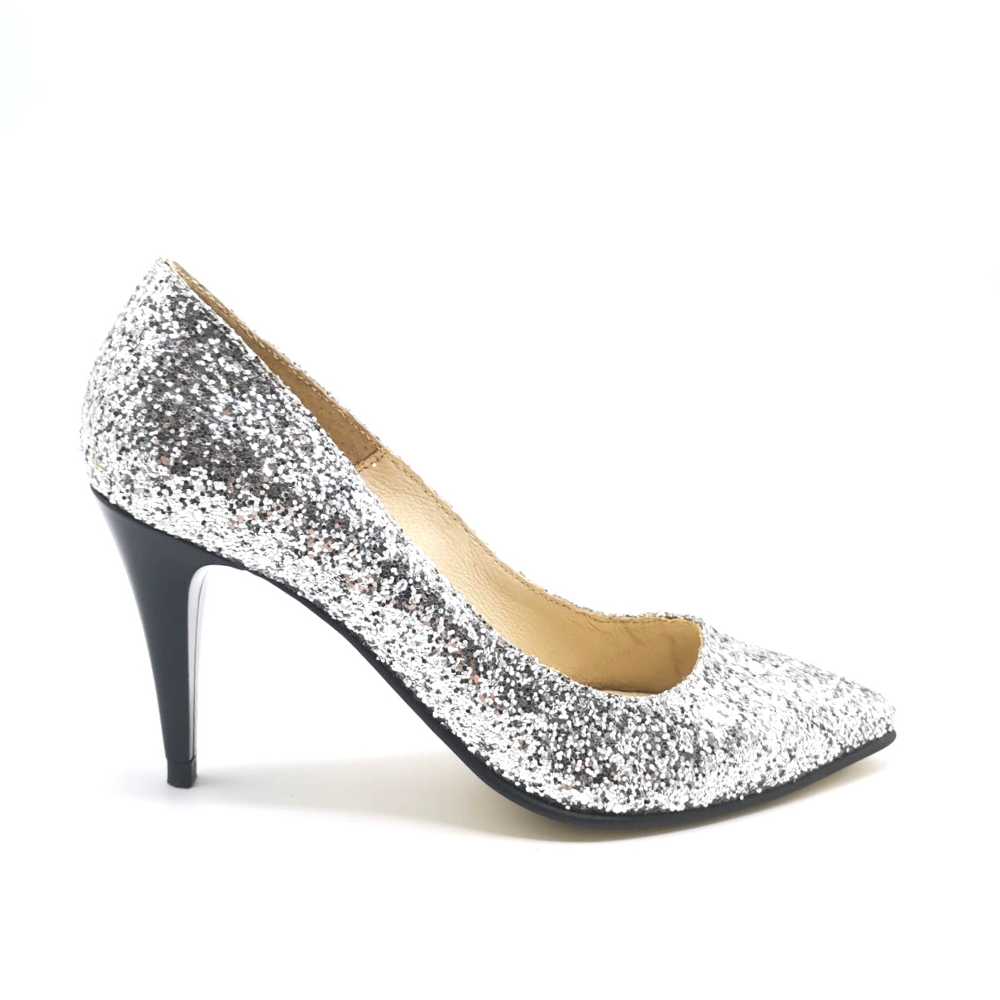 Pantofi stiletto din glitter argintiu Glam