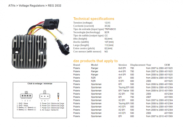 RELEU INCARCARE / REGULATOR DE TENSIUNE DZE POLARIS SPORTSMAN EFI 500/700/800, RANGER EFI 500/700/800 (4012384, 4011569, 4011925) (12V / 35A) [2]