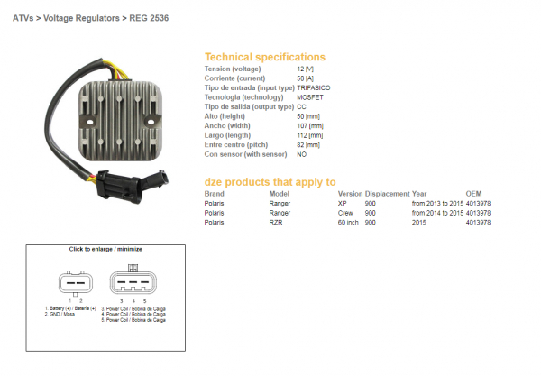 RELEU INCARCARE / REGULATOR DE TENSIUNE DZE POLARIS RANGER 900 XP / CREW / 60 '13 -'15 (4013978) MOSFET - 50A [1]