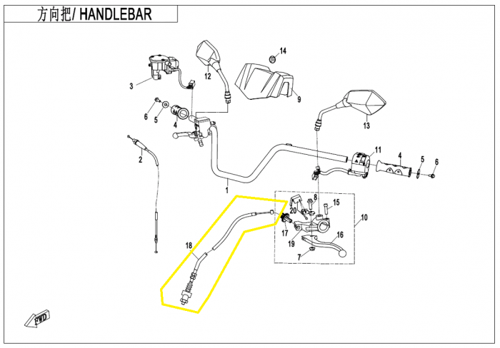 Cablu frana parcare CFMOTO 400/450/500/550L  / CF600 2014-2021 [2]