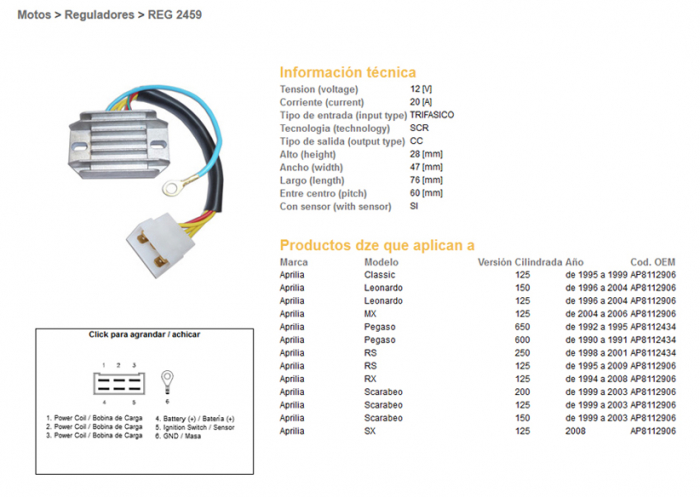 RELEU INCARCARE  APRILIA PEGASO 600/650 90-95, RS125 95-09 (20A) [2]