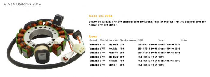 STATOR YAMAHA YFM350 BIG BEAR '95 -98, WARRIOR '96 -'01, KODIAK 400 '93 -'98 [3]
