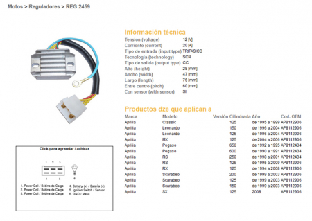RELEU INCARCARE  APRILIA PEGASO 600/650 90-95, RS125 95-09 (20A) [1]