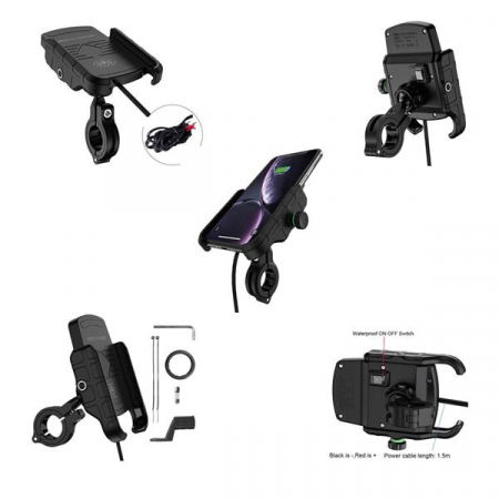 Suport telefon - Suport telefon universal cu incarcator wireless pentru MOTO SAU ATV (Prindere ghidon sau oglinda)