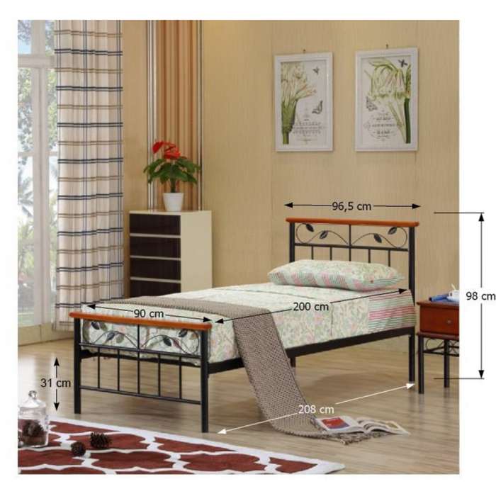 Cadru pat cu somieră lamelară, lemn cireş/metal, 90x200, MORENA [2]