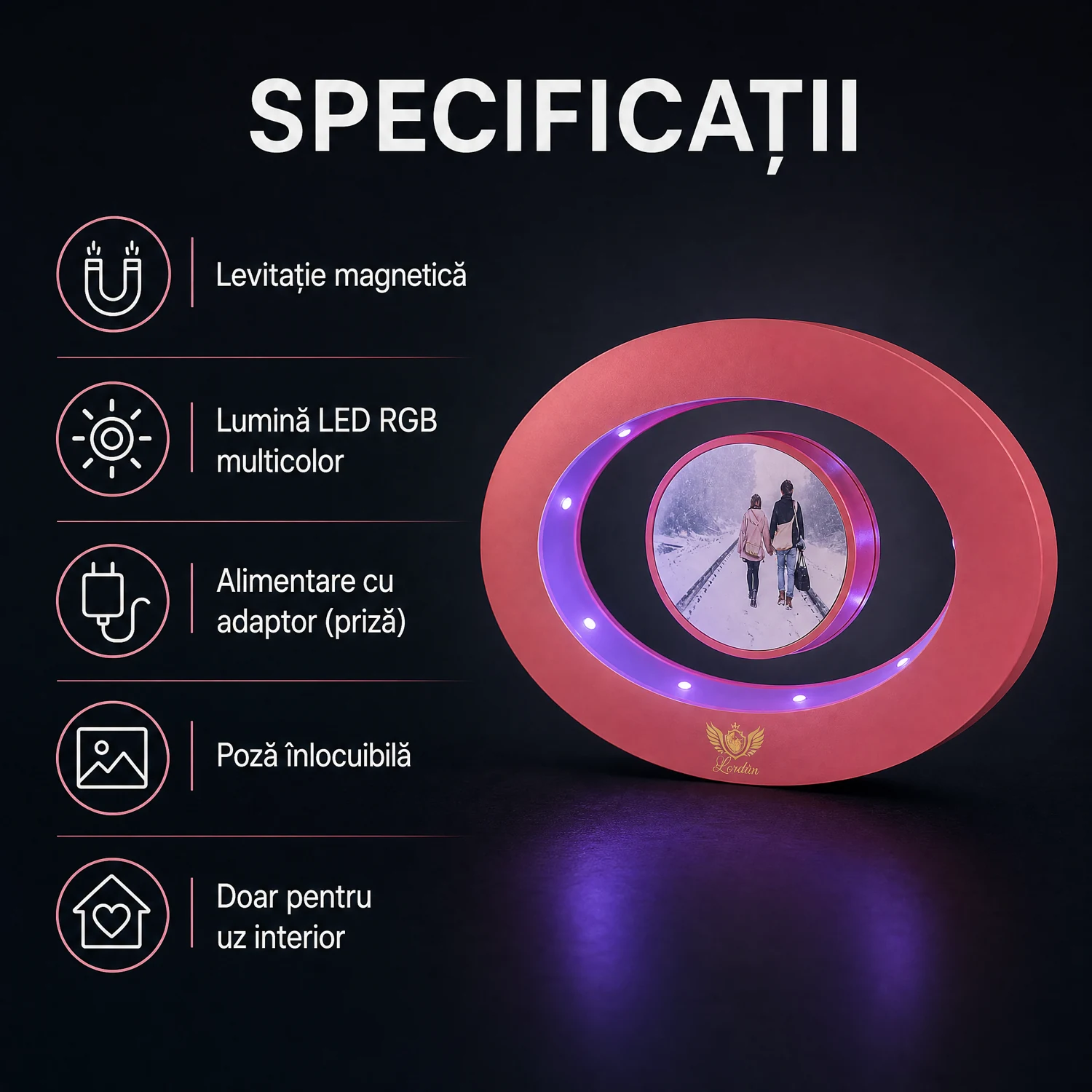 Lampă Foto Levitantă Ovală cu LED RGB Roz Alpacka Gift [3]