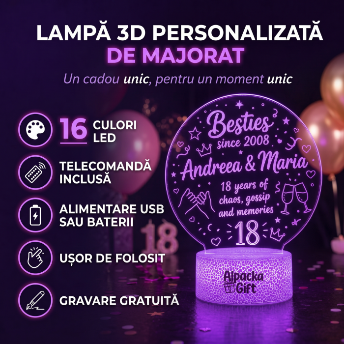 Lampă 3D Personalizată de Majorat Besties Since 2008 [4]