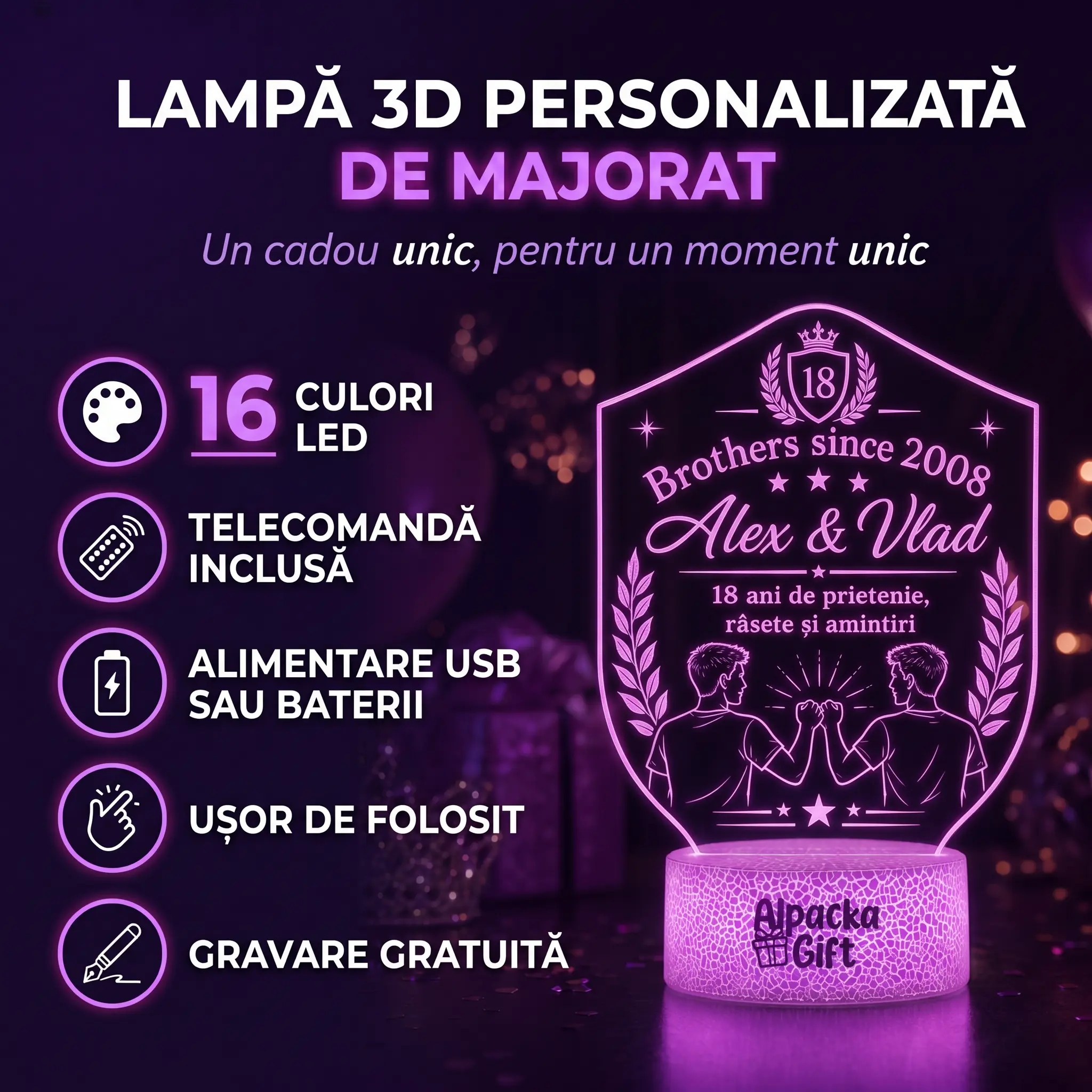 Lampă 3D Personalizată de Majorat Brothers Since 2008 [4]