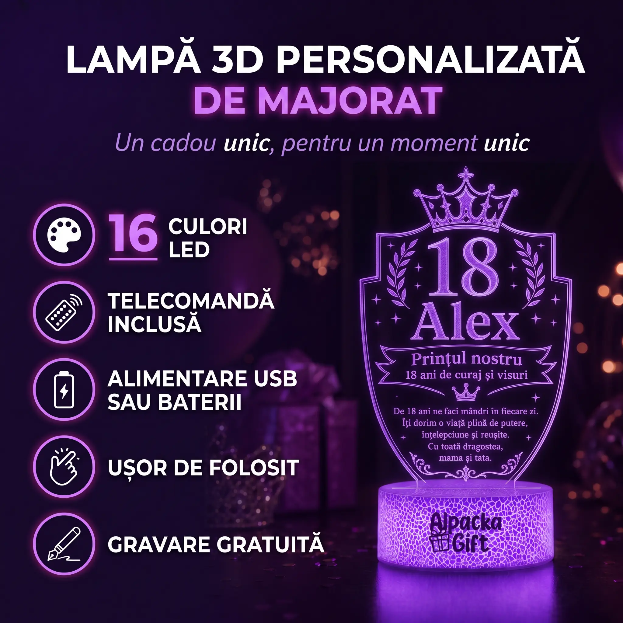 Lampă 3D Personalizată de Majorat Prințul Nostru [3]