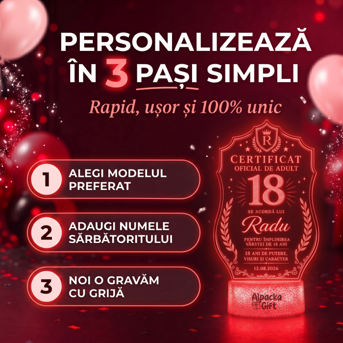 Lampă 3D Personalizată  de Majorat cu Certificat Oficial de Adult [3]