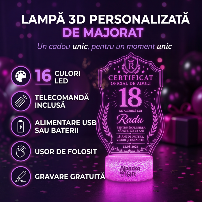 Lampă 3D Personalizată  de Majorat cu Certificat Oficial de Adult [5]