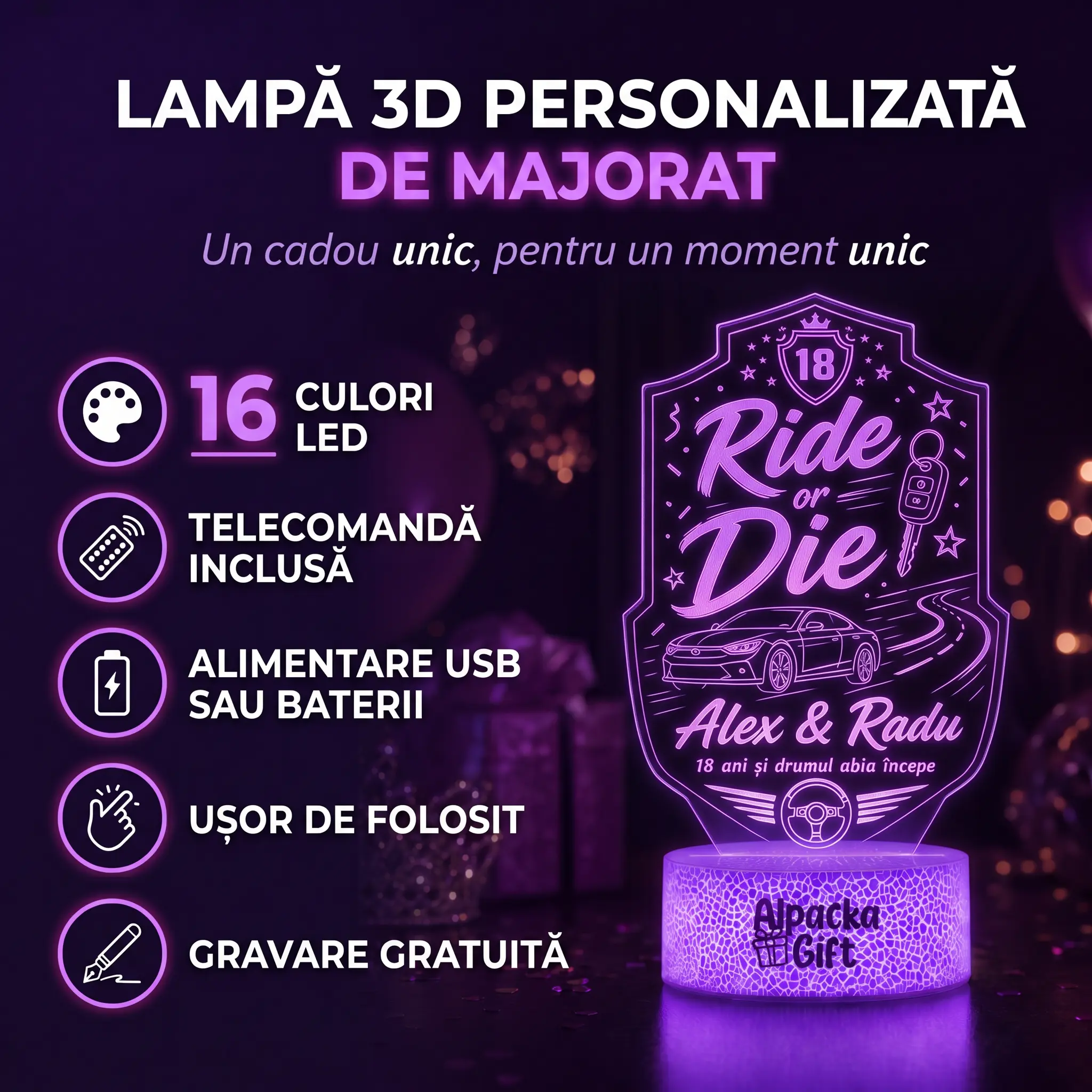 Lampă 3D Personalizată de Majorat Ride or Die [4]