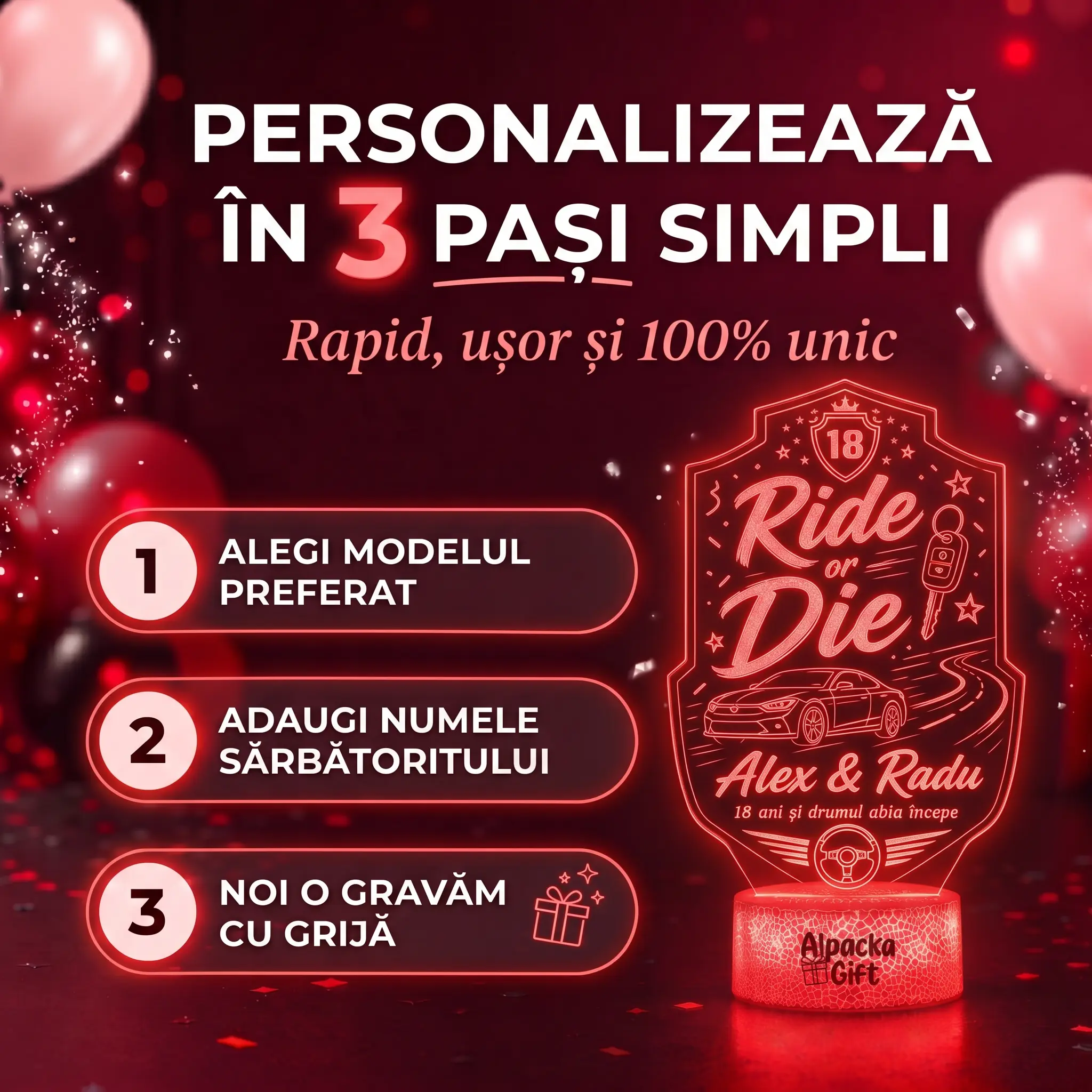 Lampă 3D Personalizată de Majorat Ride or Die [3]
