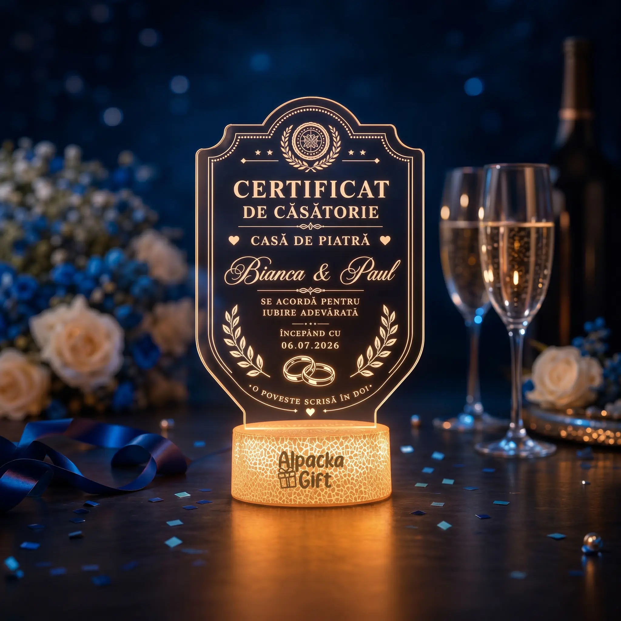 Pentru Ocazii - Lampă 3D Certificat de Căsătorie