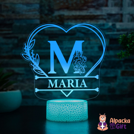 Cadouri Sfânta Maria - Lampa 3D - Initiala + Nume in Inima