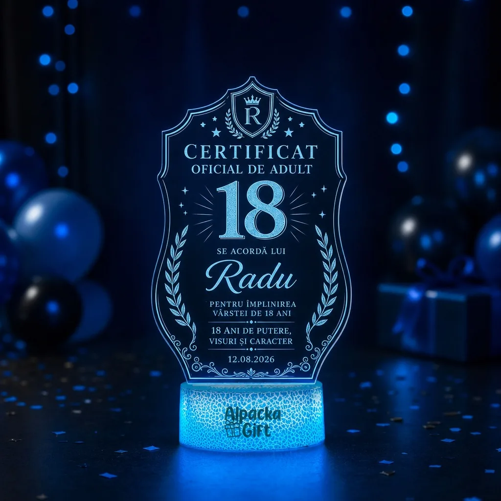 Majorat - Lampă 3D Personalizată  de Majorat cu Certificat Oficial de Adult