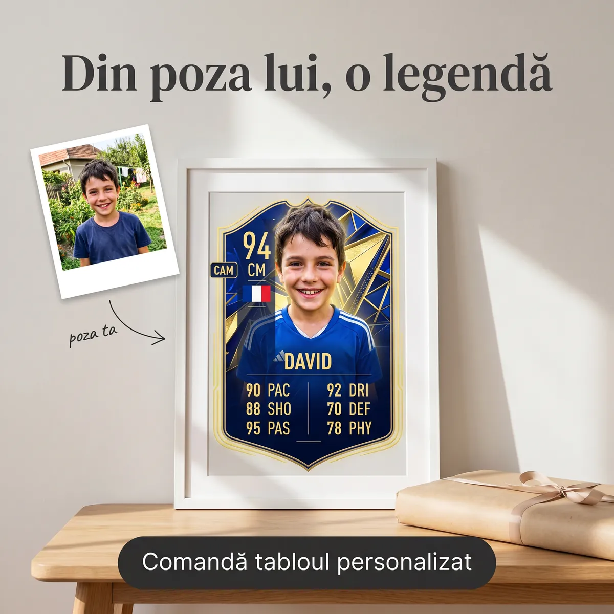 Fotbal - Tablou personalizat Micul Campion David - cadou fotbal copii