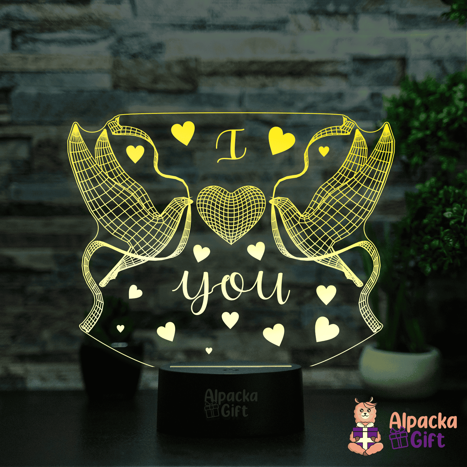 Lampă 3D - Cuplu de Porumbei Negru