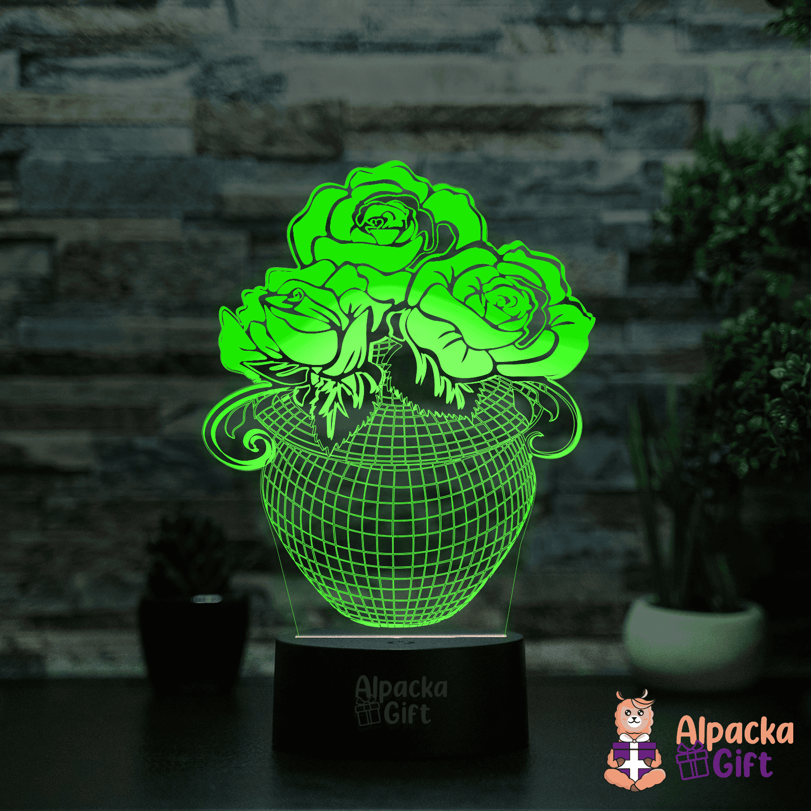 Lampă 3D - Ghiveci cu Flori Negru