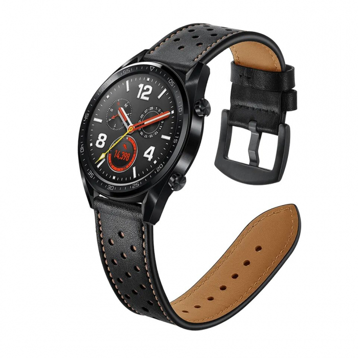 Curea ceas piele naturala ALTY, compatibila cu smartwatch Huawei Watch GT 2 46 mm, Samsung Galaxy Watch 46 mm, Casio, Armani, Guess, Michael Kors, Fossil dama sau barbati, latime curea 22 mm, Negru [3]