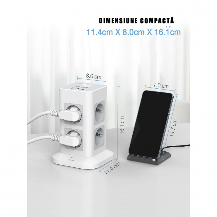 Prelungitor TESSAN cu 3 porturi  USB, 8 prize de curent alternativ,  Protectie la supratensiune, 2 m.jpg [4]
