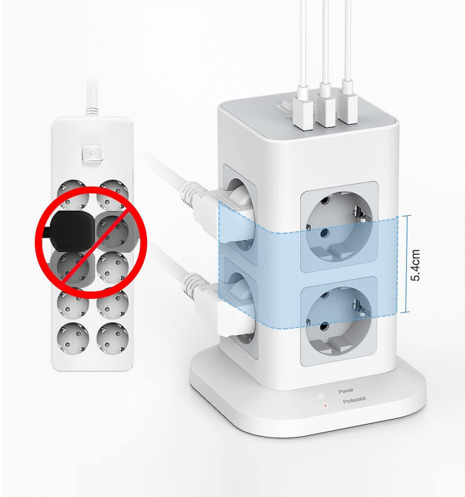 Prelungitor TESSAN cu 3 porturi  USB, 8 prize de curent alternativ,  Protectie la supratensiune, 2 m.jpg [3]
