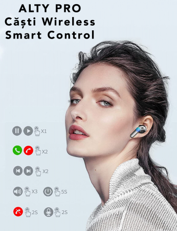 Casti True Wireless ALTY Pro, Bluetooth 5.1, Active Noise Cancelling, Smart Touch Control, Asistent Vocal, Sunet Stereo 3D, Carcasa Magnetica cu Afisaj Dual LED, Microfon, Autonomie 35h, Design Ergonomic Ultra-Light, Carbon Black [4]
