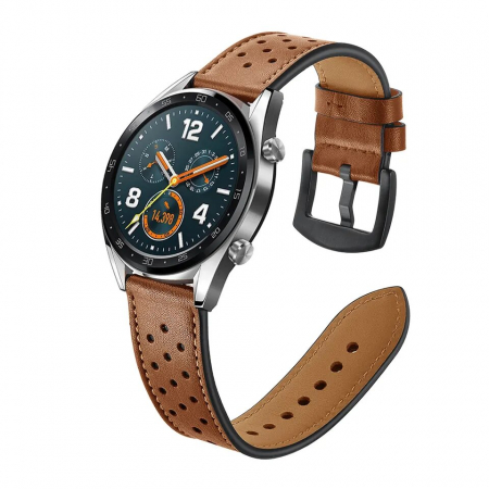 Curea ceas piele naturala ALTY, compatibila cu smartwatch Huawei Watch GT 2 46 mm, Samsung Galaxy Watch 46 mm, Casio, Armani, Guess, Michael Kors, Fossil dama sau barbati, latime curea 22 mm, Maro [1]