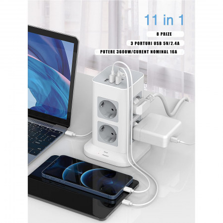 Prelungitor TESSAN cu 3 porturi  USB, 8 prize de curent alternativ,  Protectie la supratensiune, 2 m.jpg [1]
