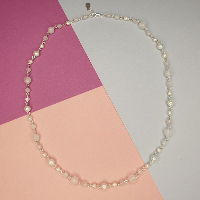 Colier complet Cuart roz si perle argint [2]