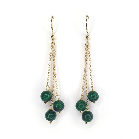 Pesti - Cercei Tripli Mina, cu malachit Natural, argint placat cu aur