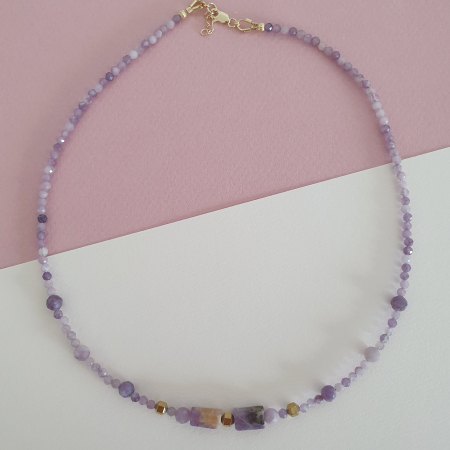 Bijuterii argint - Colier Choker Lepidolit, argint placat cu aur