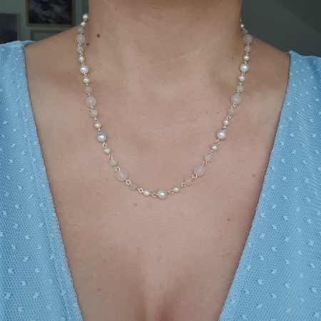 Leu - Colier complet Cuart roz si perle argint