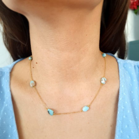 Bijuterii argint - Colier Rare Larimar, argint placat cu aur