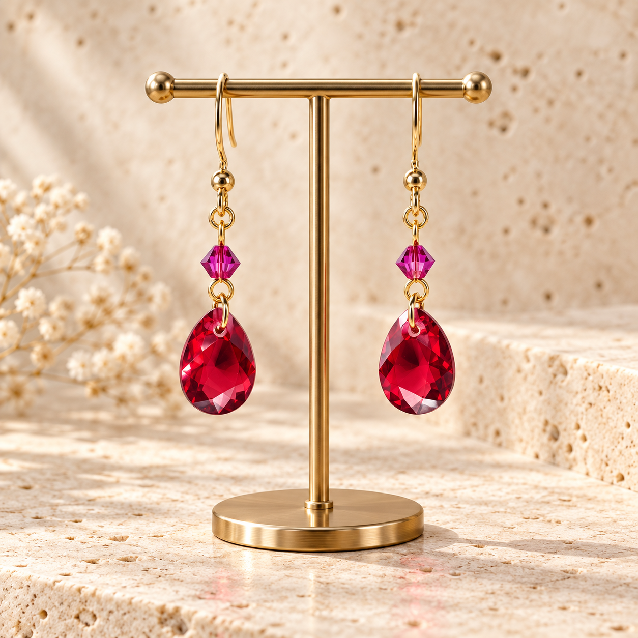 Cercei Ruby Tear, argint placat cu aur