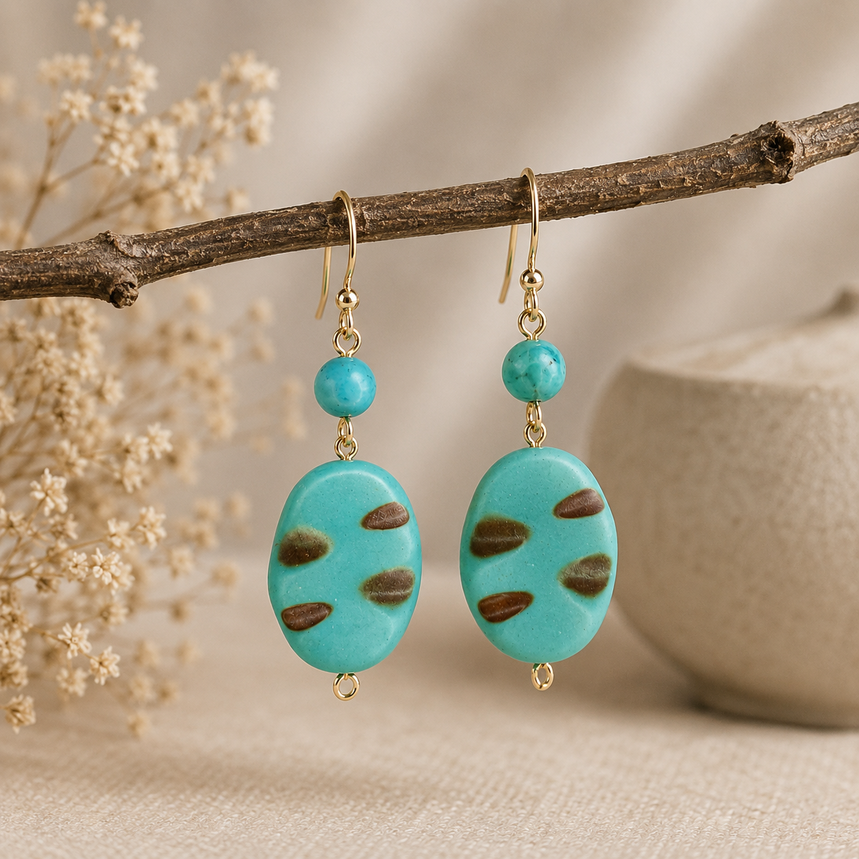 Cercei Turquoise Dots, argint placat cu aur