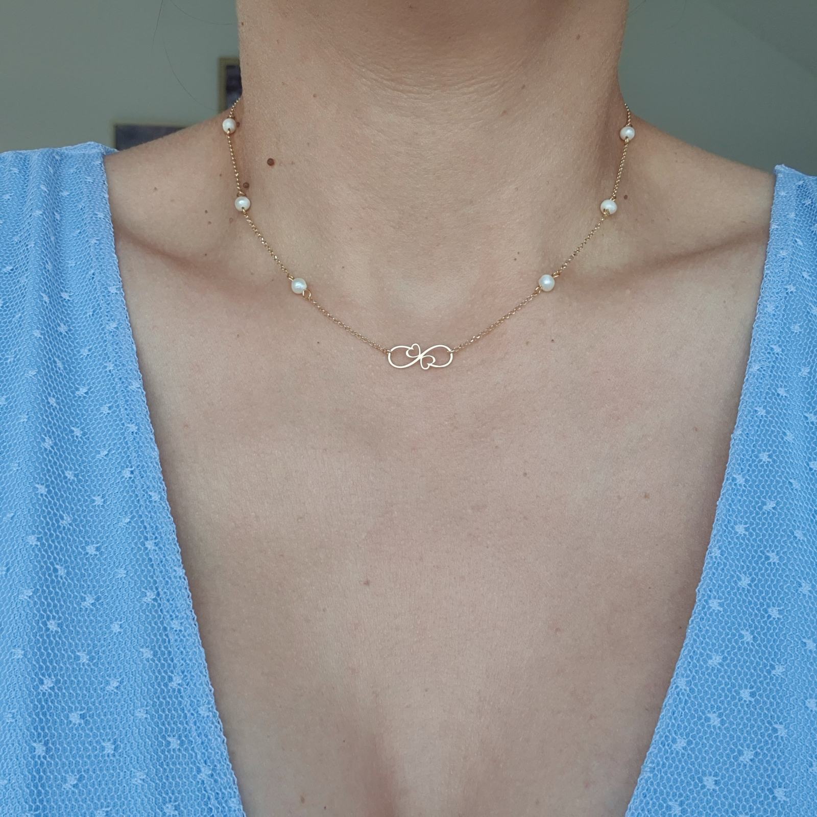 Colier Infinity Love cu Perle Naturale, argint placat cu aur