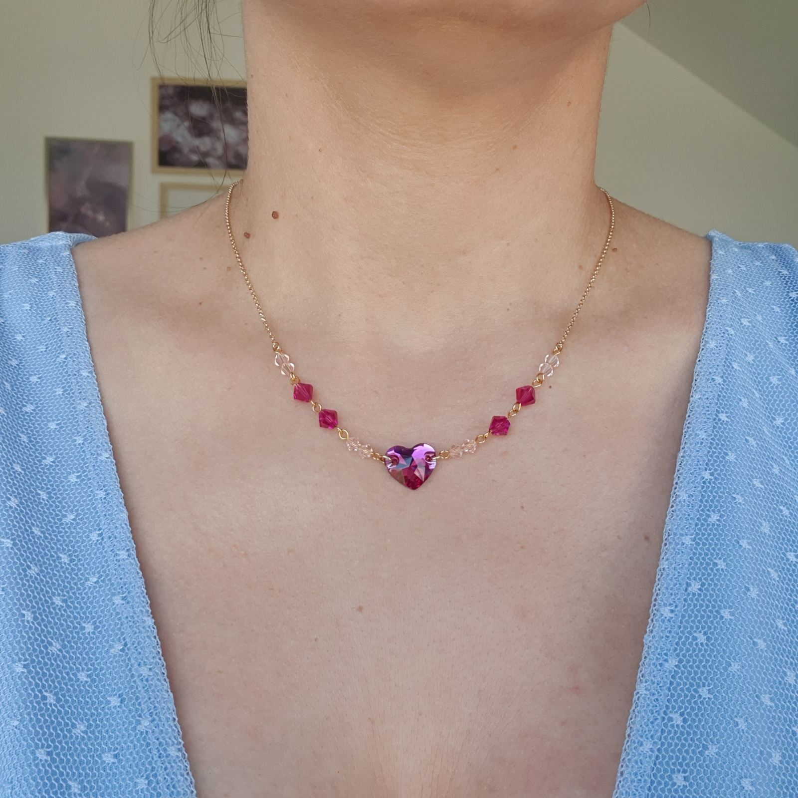 Colier Inima Fuchsia cristale Swarovski, argint placat cu aur