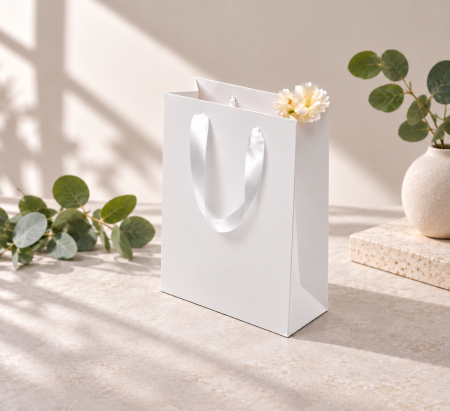 Pungi TIPARITE premium - Pungi carton ALB premium , cu maner din PANGLICA textila