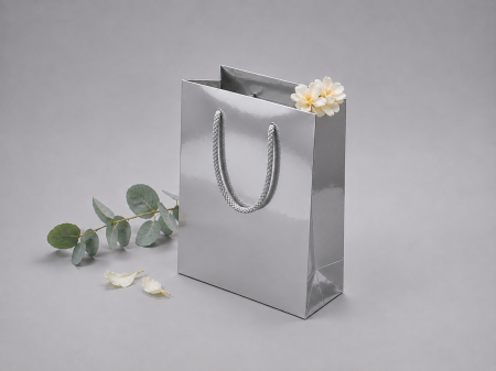 Pungi ARGINTII premium - Pungi carton premium, ARGINTIU LUCIOS, cu maner snur textil