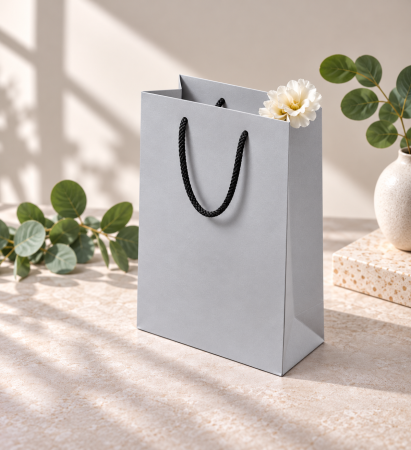 Pungi ARGINTII premium - Pungi carton premium, ARGINTIU MAT, cu maner snur textil