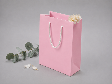 Pungi ALBE premium - Punga carton ROZ premium, cu maner din SNUR textil