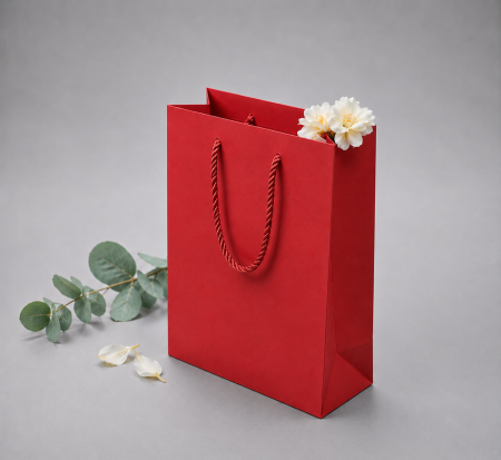 Pungi ALBE premium - Punga carton ROSU premium, cu maner din SNUR textil